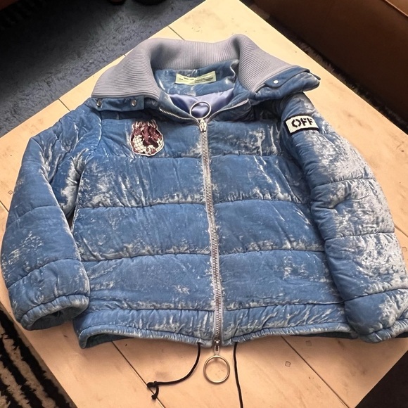 Off-White Jackets & Blazers - Virgil Abloh for Off White Crushed Velvet Puffer Jacket in Ice Blue
